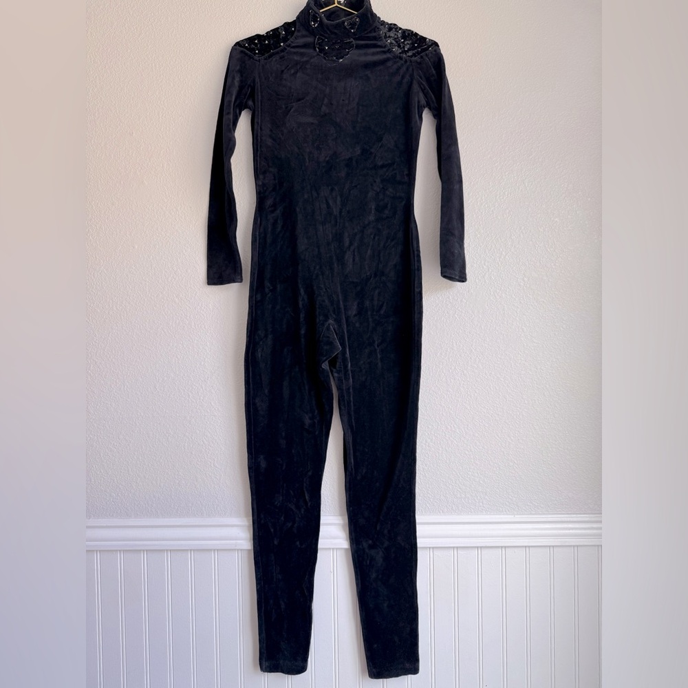 Vintage 80s/90s Jessica McClintock Gunne Sax Black Velvet Patch Jumpsuit Sz: M